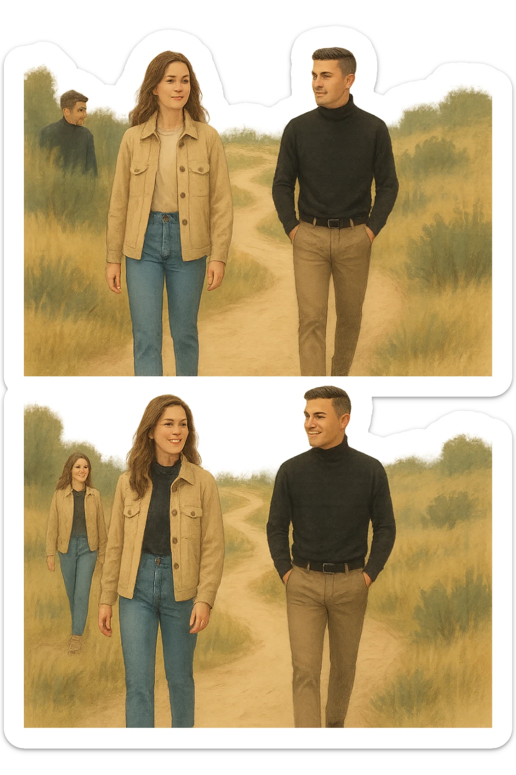 a man and a woman walk together along a winding path in a natural landscape. In one version, the woman leads confidently while the man follows a few steps behind, looking at lei con ammirazione. In un’altra versione, i ruoli sono invertiti, con l’uomo che guida e la donna che lo segue sorridendo. La scena trasmette l’idea che entrambi possano guidare o seguire, a seconda del momento. sticker