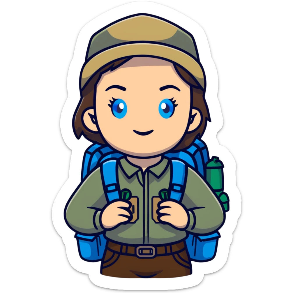 white woman park ranger with gray and brown hair, blue eyes, wearing a backpack sticker