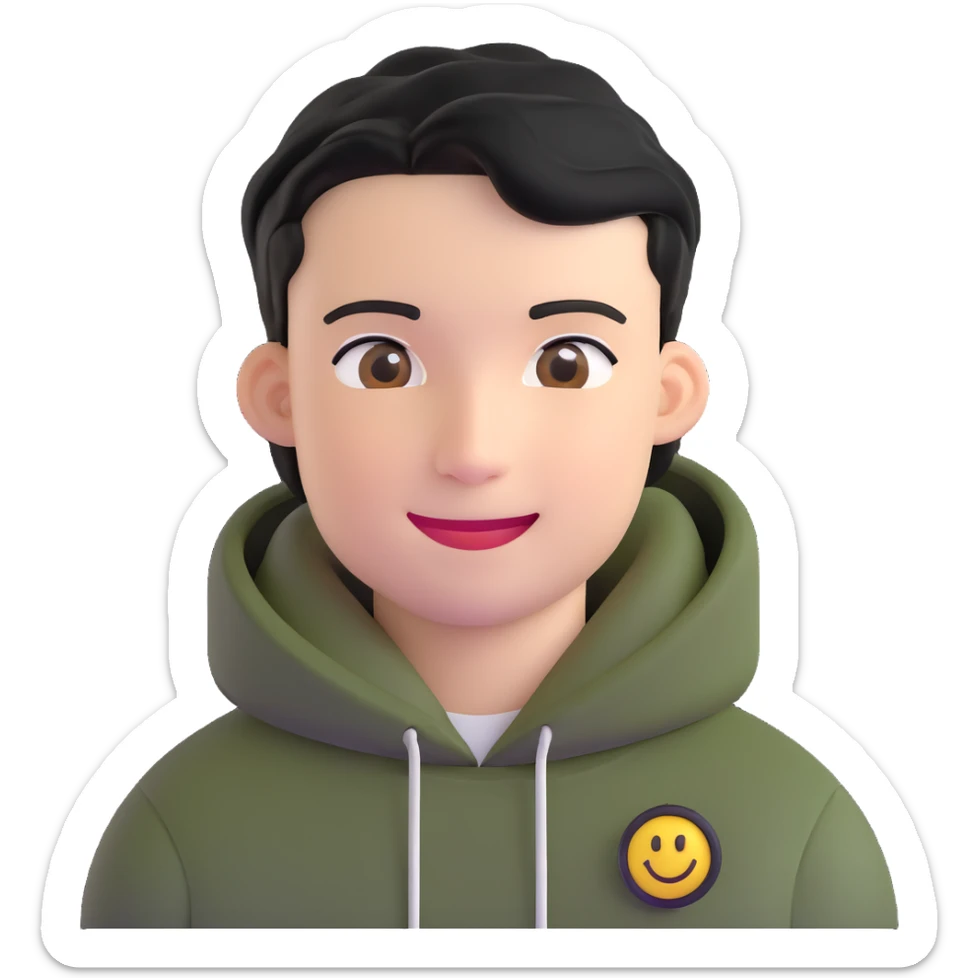 man with smiley face, black hair military cut, brown eyes, wearing 2 circle earrings and a black hoodie sticker