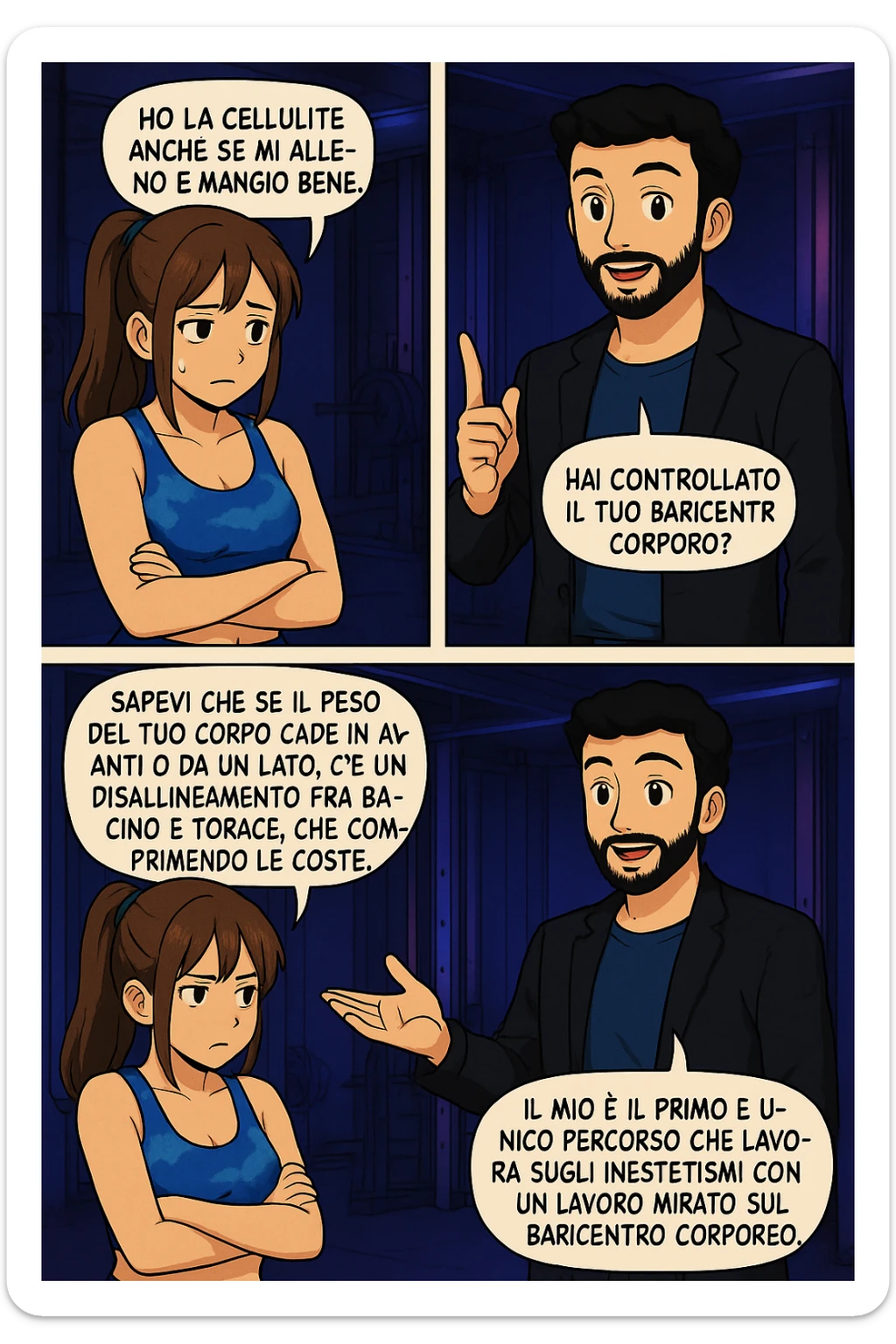 PRENDI SPUNTO DA QUESTO STILE FACENDO UN WEBTOON/MANGA:

LEI: Ho la cellulite anche se mi alleno e mangio bene, cosa posso fare?

LUI: Hai controllato il tuo baricentro corporeo?
LUI: Sapevi che se il peso del tuo corpo cade in avanti o da un lato, c’è un disallineamento fra bacino e torace, che comprimendo le coste, limita la motilità del diaframma e l’ossigenazione dei tessuti?
LUI: Il mio è il primo e unico percorso che lavora sugli inestetismi con un lavoro mirato sul baricentro corporeo. sticker