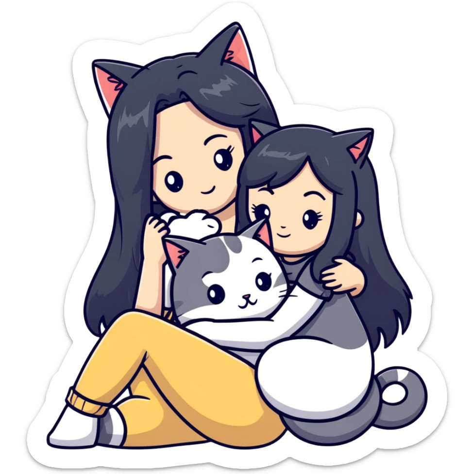 Beautiful girl with long black hair cuddling a gray and blonde cat sticker