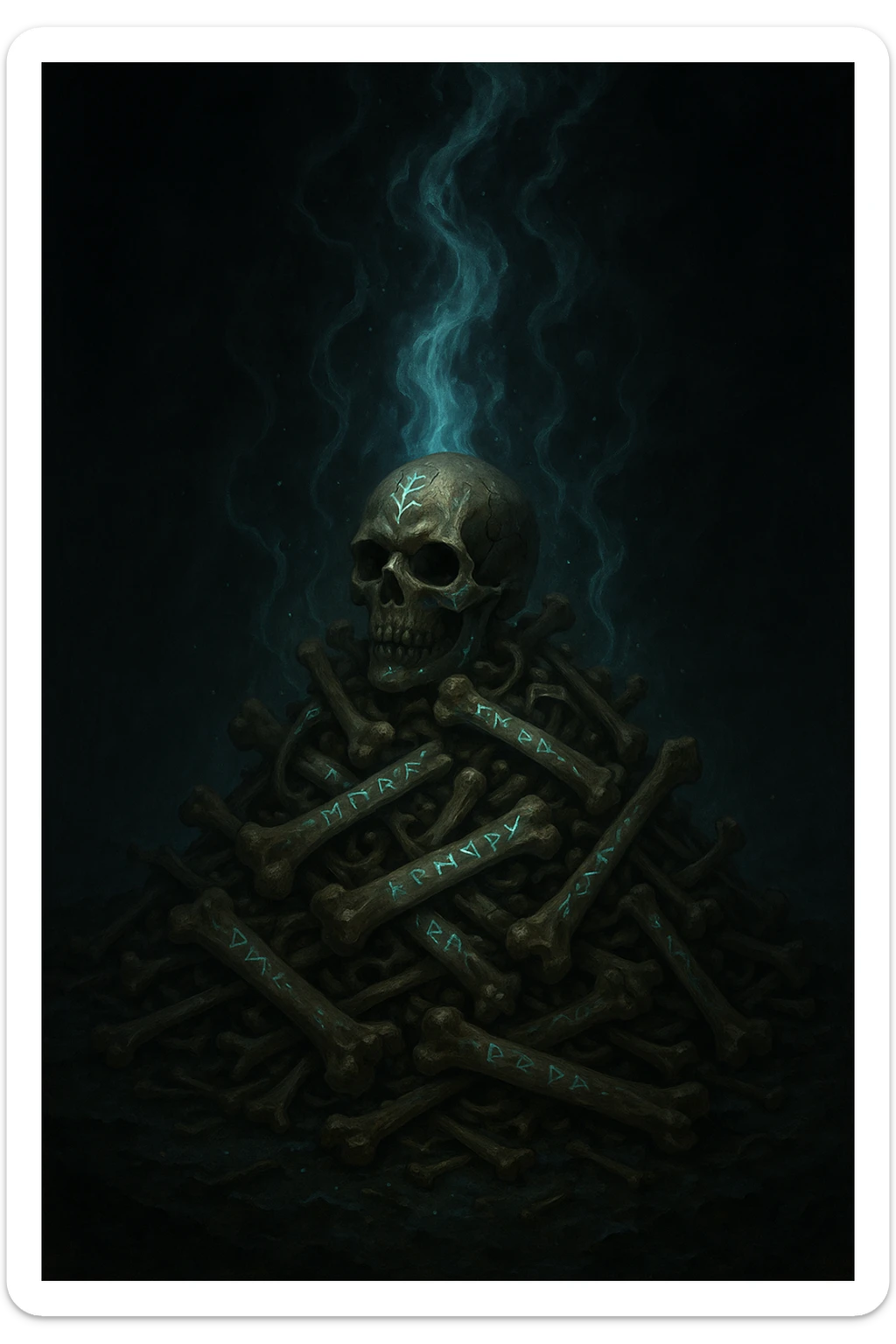 mystical pile of bones, runes glowing on the surface, supernatural energy rising, enchanted fantasy style sticker