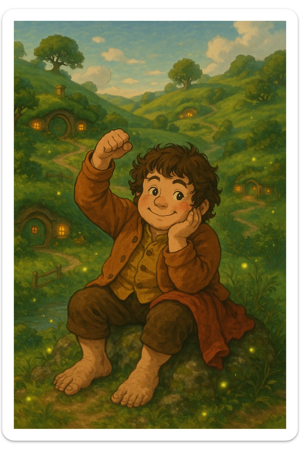Transform the person into a hobbit from The Lord of the Rings with curly hair, a round face, wearing rustic hobbit clothing. Set the scene in a whimsical Shire-like fantasy landscape inspired by the movies, maintaining a whimsical and magical style. sticker