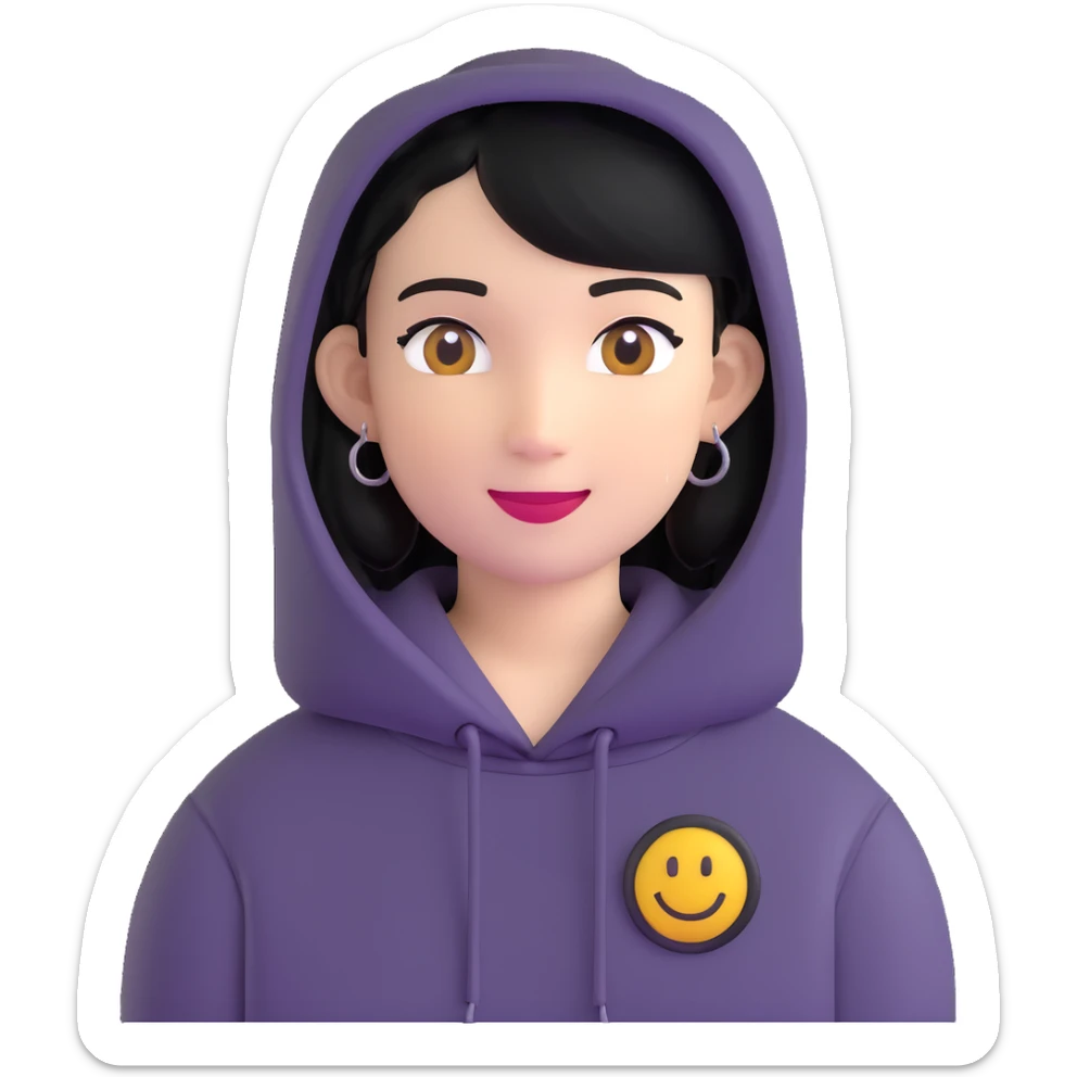 person with military cut black hair, brown eyes, wearing 2 circle earrings and a black hoodie with a smiley face sticker