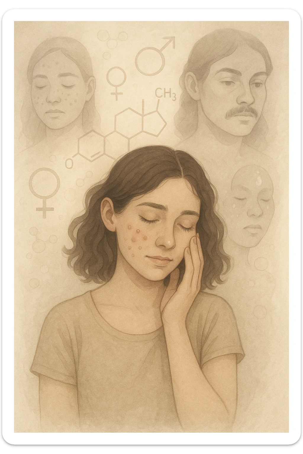 A young woman is surrounded by faint overlays of hormonal symbols and androgen molecules, with shadowy images of acne, facial hair, and oily skin projected around her, symbolizing the symptoms of PCOS with androgen excess. She looks down, gently touching her face with a resigned but hopeful expression, symbolizing her journey toward managing these symptoms. sticker