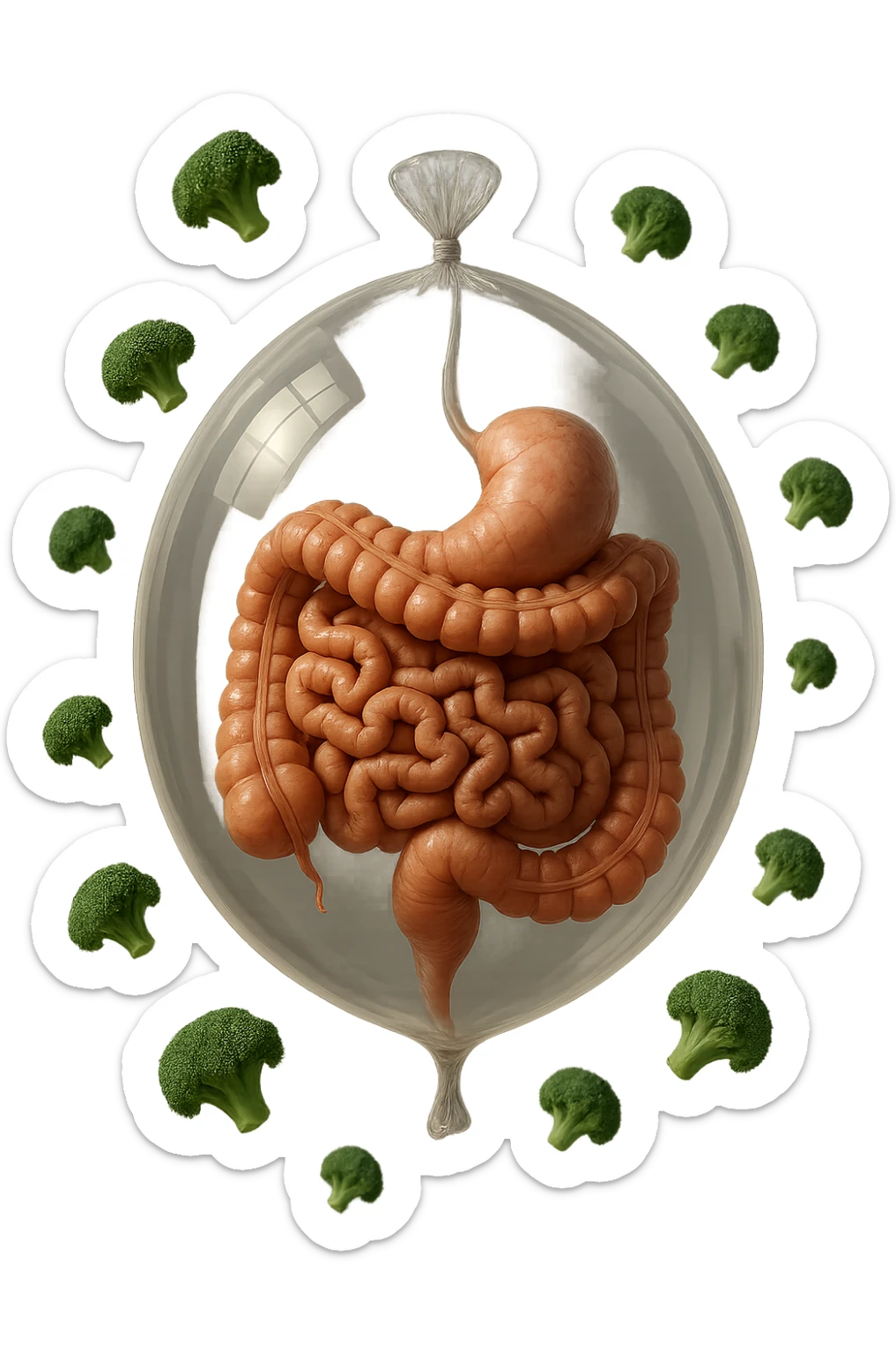 palloncino con intestino umano anatomico all'interno, attorno al quale fluttuano dei broccoletti, iperrealistico 4k sticker