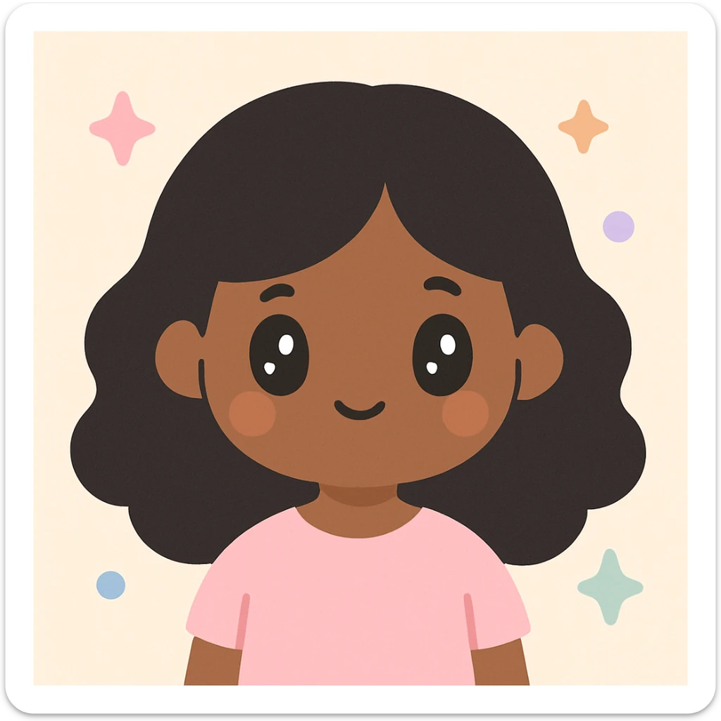 brown girl with black wavy hair, wearing a cute light pink shirt, kawaii style sticker