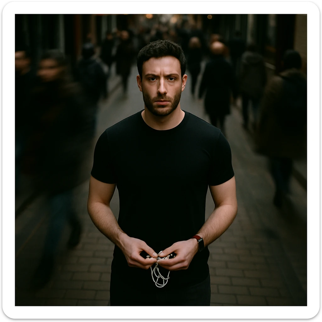 Overhead cinematic shot, reference person, no headphones, black shirt, athletic and fit, standing still on a brick city sidewalk, motion-blurred crowd, moody lighting, 35mm film look, shallow depth of field, sharp focus. Urban. Render in a style suitable for cinematic photography with moody lighting and shallow depth of field. sticker