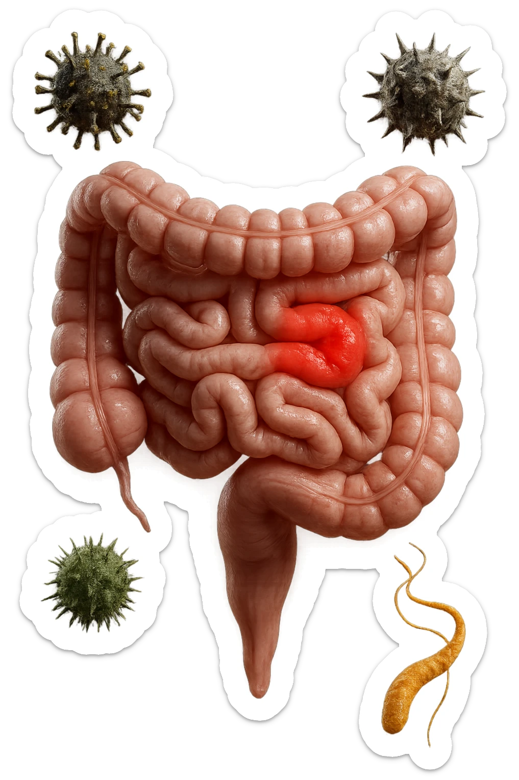intestino anatomico realistico con red spot di infiammazione CON VARIE PARTICELLE TOSSICHE CHE CERCANO DI ATTACCARLO, IPERREALISTICO 4K sticker