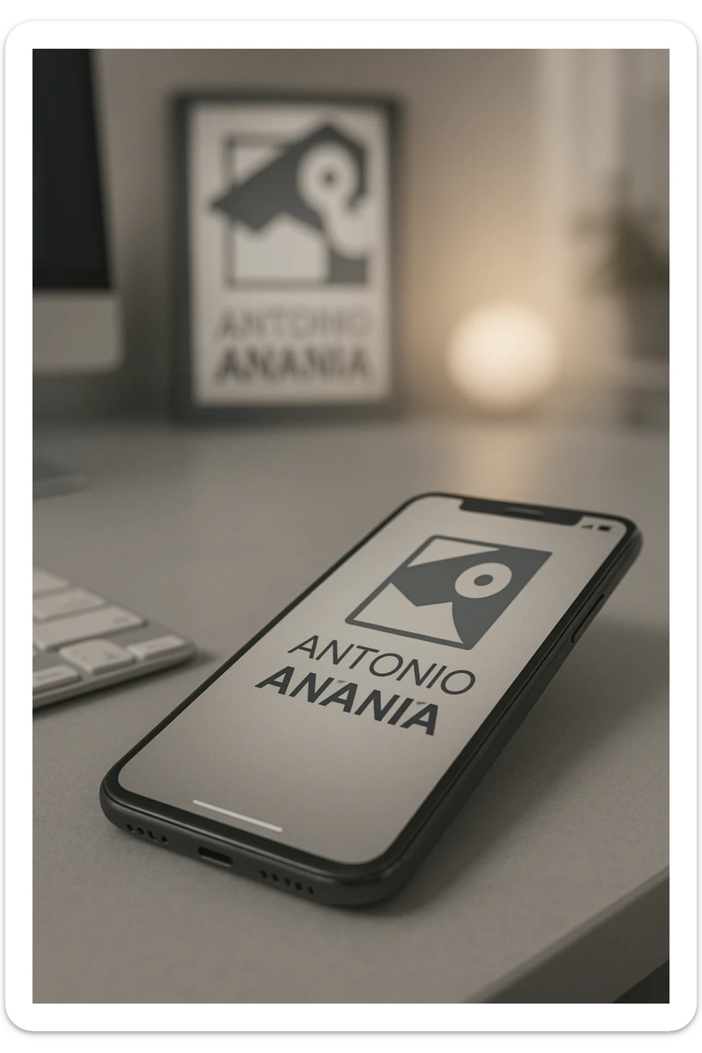A photo of an iPhone with the message "Antonio Anania" on its screen, The phone sits atop a desk with a blurred background that suggests work environment. A faint glow from above casts gentle shadows across the surface of each object, creating depth and highlighting their textures. sticker