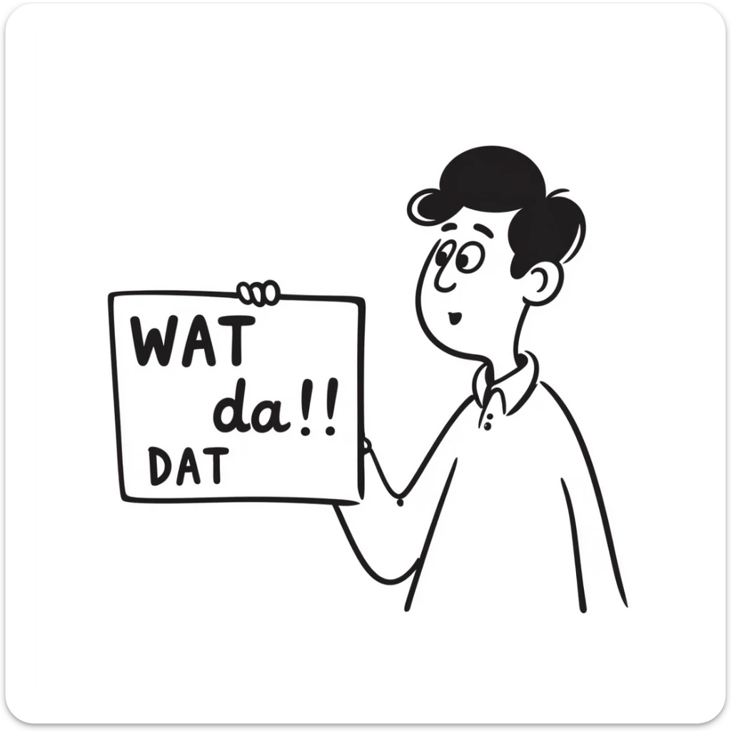 Zoom in so the man's head and the 'wat da' sign are much larger in the frame, keeping the hand drawn doodle style. sticker