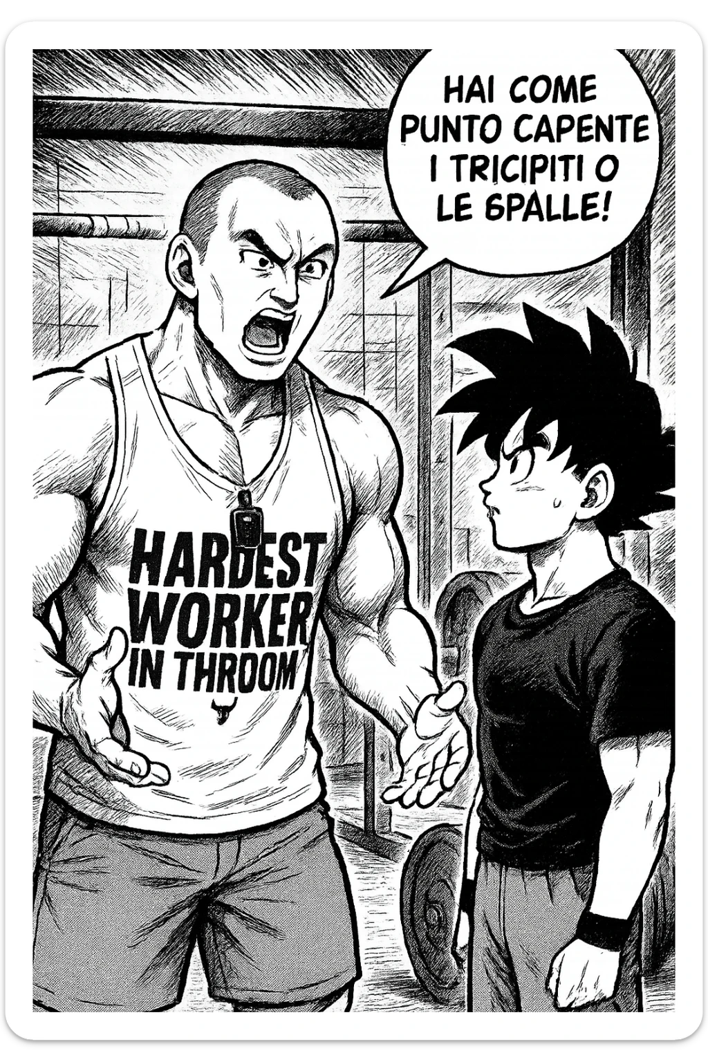 Personal trainer che dice al suo allievo, "hai come punto carente i tricipiti o le spalle!" Stile manga di Dragon Ball sticker