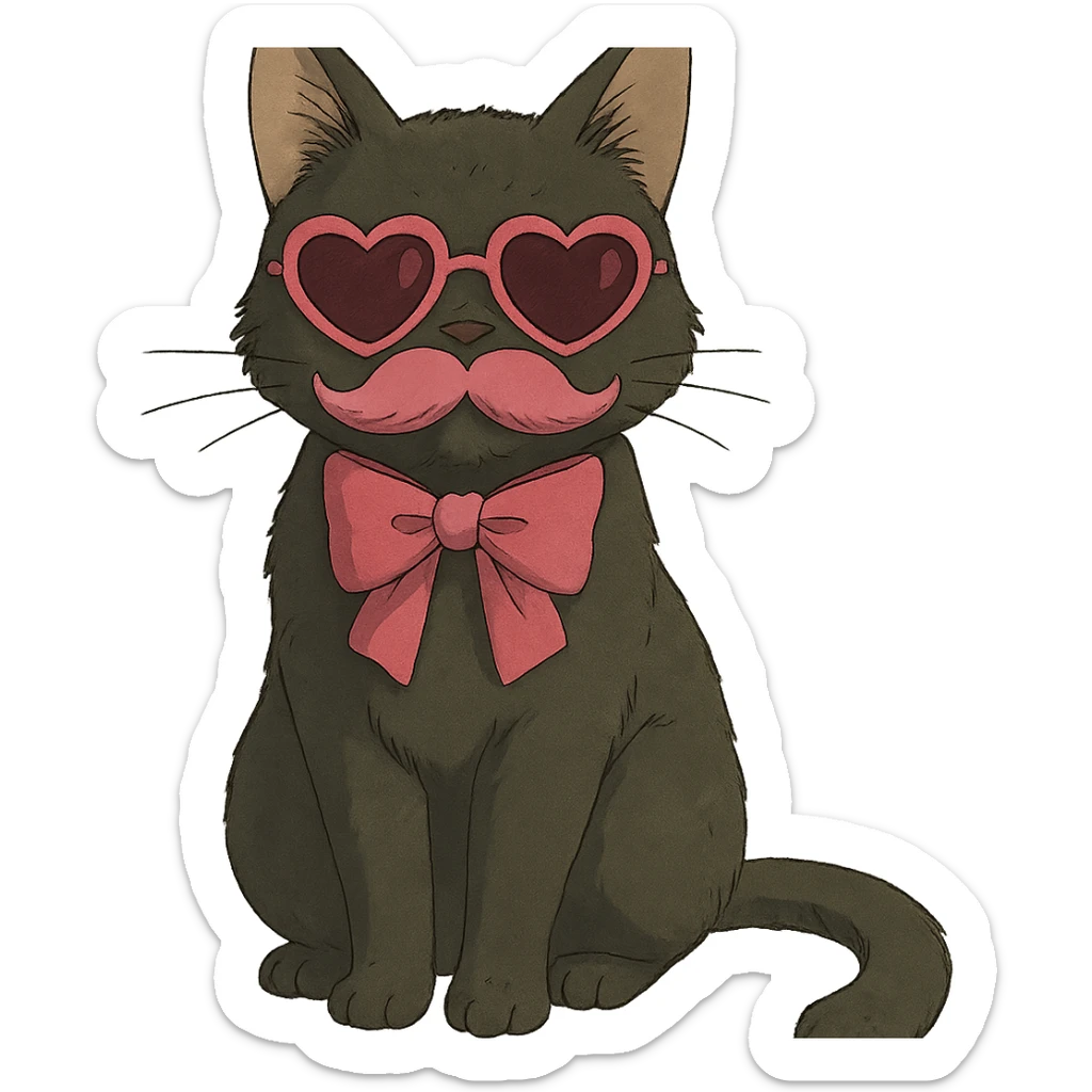 cat with pink heart sunglasses, pink moustache, and pink bow in ghibli style sticker