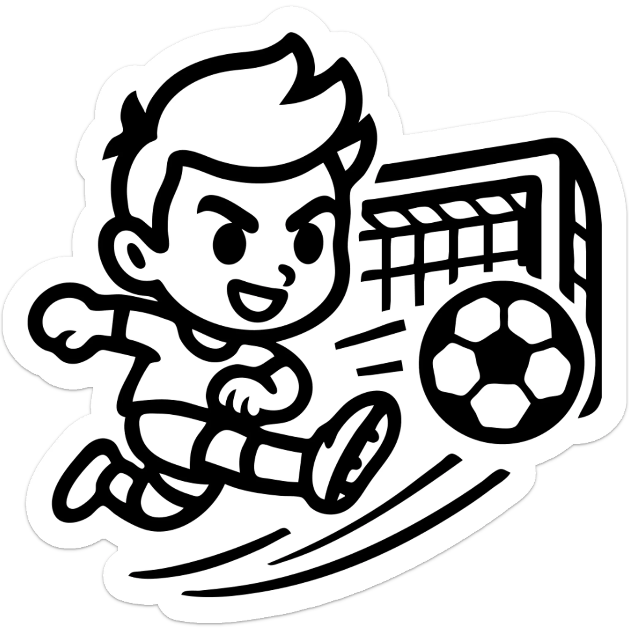 Make the cartoon soccer player look like Cristiano Ronaldo, with his hairstyle and playful confidence, keeping the exaggerated motion and playful style with bold outlines. sticker