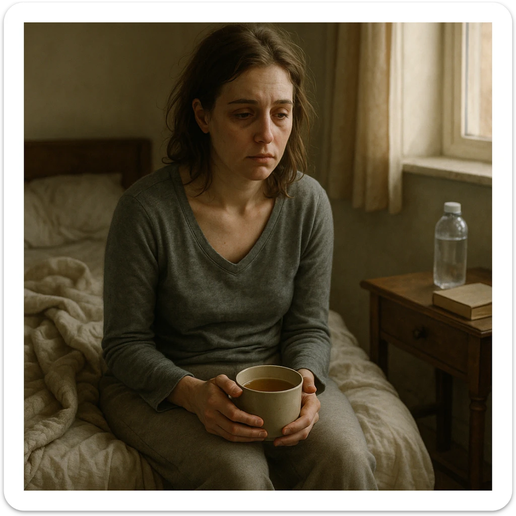 A realistic, cinematic illustration of a woman in her early 30s with a tired, pale appearance, sitting on the edge of her bed in a softly lit bedroom during the morning. She looks exhausted and drained, with a slightly slouched posture and dark circles under her eyes. She wears comfortable loungewear and holds a warm cup of herbal tea, seeking comfort. The cozy, slightly messy room includes a blanket, a water bottle, and a book on the nightstand, emphasizing chronic fatigue. Soft natural light comes through the window, highlighting her expression of persistent tiredness despite rest, capturing the invisible struggle of chronic fatigue syndrome with dignity and a gentle aesthetic. sticker