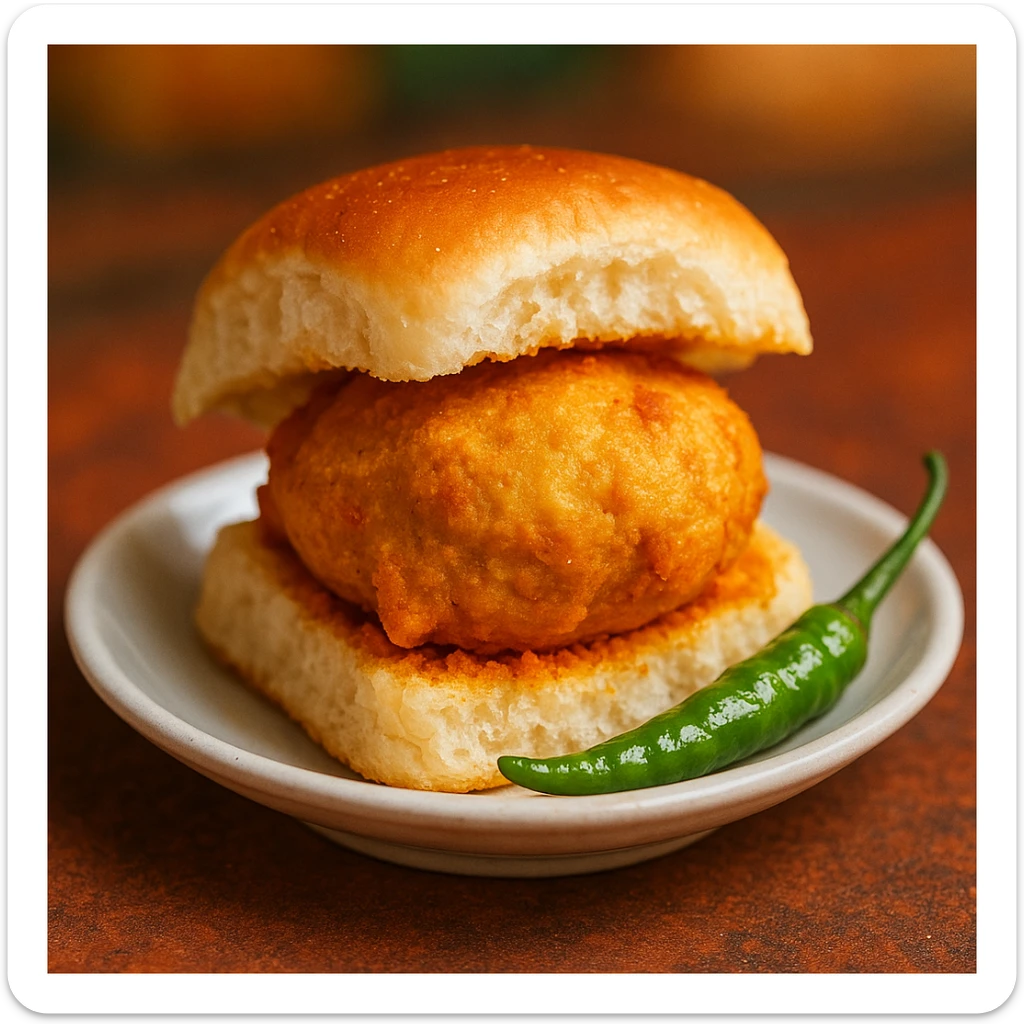 Mumbai Vadapav, iconic Indian street food, soft bun with spicy potato filling, green chili, served on a small plate, vibrant, appetizing, focus on the vadapav, no text sticker