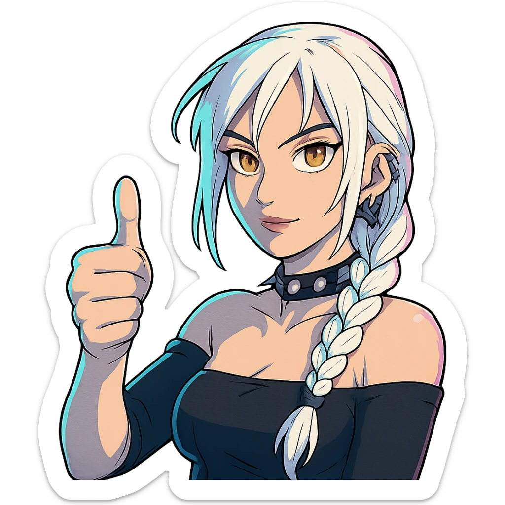  she is throwing a huge emphatic thumbs up, a closeup portrait of young woman with gold yellow eyes, white hair, long braid, black off-shoulder top d-cup, punk gothic style, futuristic cyberwave cyberpunk, sitting position
 sticker