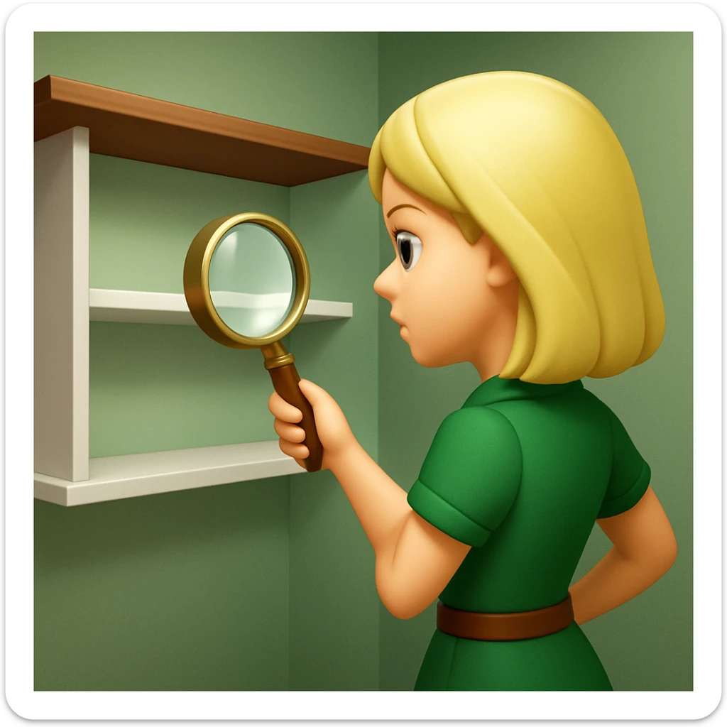 emoji of white empty shelf in perspective view with a standing woman nearby, she is looking at the shelfs with a magnifying glass, she is turned to the shelfs, emoji style, woman wearing a green dress, adjust the perspective to be more dramatic sticker