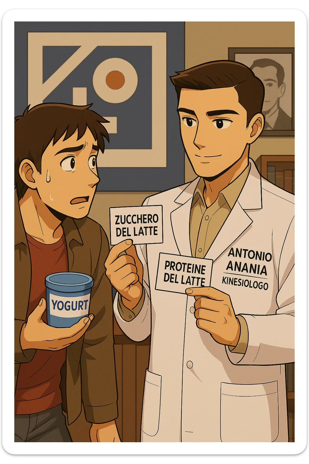 fai un webtoon manga a colori con questo stile, in cui un uomo ASCOLTA Il kinesiologo con il camice bianco (fagli anche la scritta "ANTONIO ANANIA" SUL CAMICE, IL KINESIOLOGO SPIEGA ALL'UOMO UNA COSA TENENDO DUE FOGLIETTINI IN MANO, UNO CON LA SCRITTA "ZUCCHERO DEL LATTE" E UNA CON LA SCRITTA "PROTEINE DEL LATTE". L'UOMO OSSERVA LO YOGURT CHE HA IN MANO CON ESPRESSIONE DUBBIOSA IN VOLTO. non fare i fumetti però, fai solo in modo che sembri stiano parlando sticker