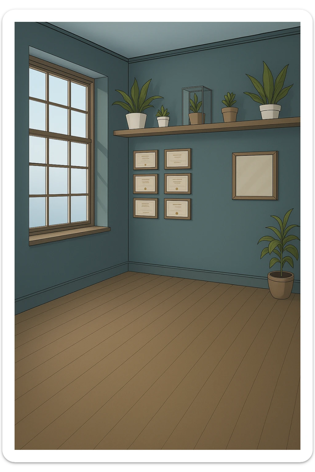 PRENDI SPUNTO DAI COLORI E DALLO STILE DELLA STANZA CON L'UOMO CON IL CAMICE E faMMI QUESTA STANZA VUOTA STILE MANGA/WEBTOON A COLORI SENZA LE PERSONE, SOLO LA STANZA. FALLA MOLTO PIù LUMINOSA, NON LUCI GIALLE sticker