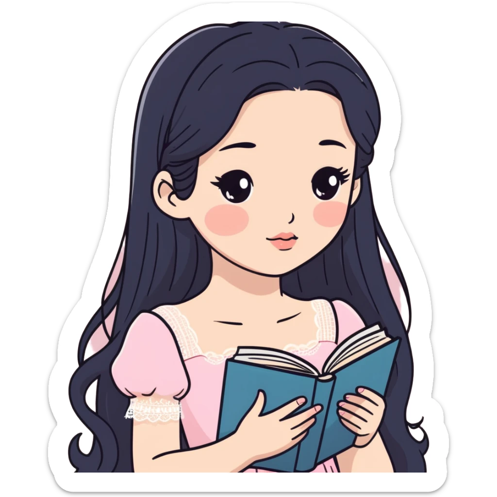 Menina branca 16 anos ,cabelos longos preto ,olhos pretos puxado para cima ,cilios longos. Lábios grossos, nariz pequeno.  Vestido rosa claro de alça com renda ,lendo um livro sticker