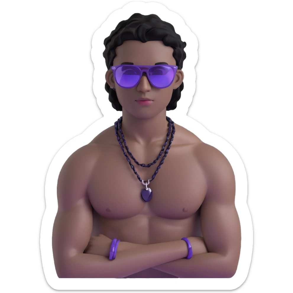 shirtless male athlete with white skin and moderately curly black hair on top with shaved sides, wearing purple sunglasses with black tinted lenses and a plain black chain necklace without pendant sticker
