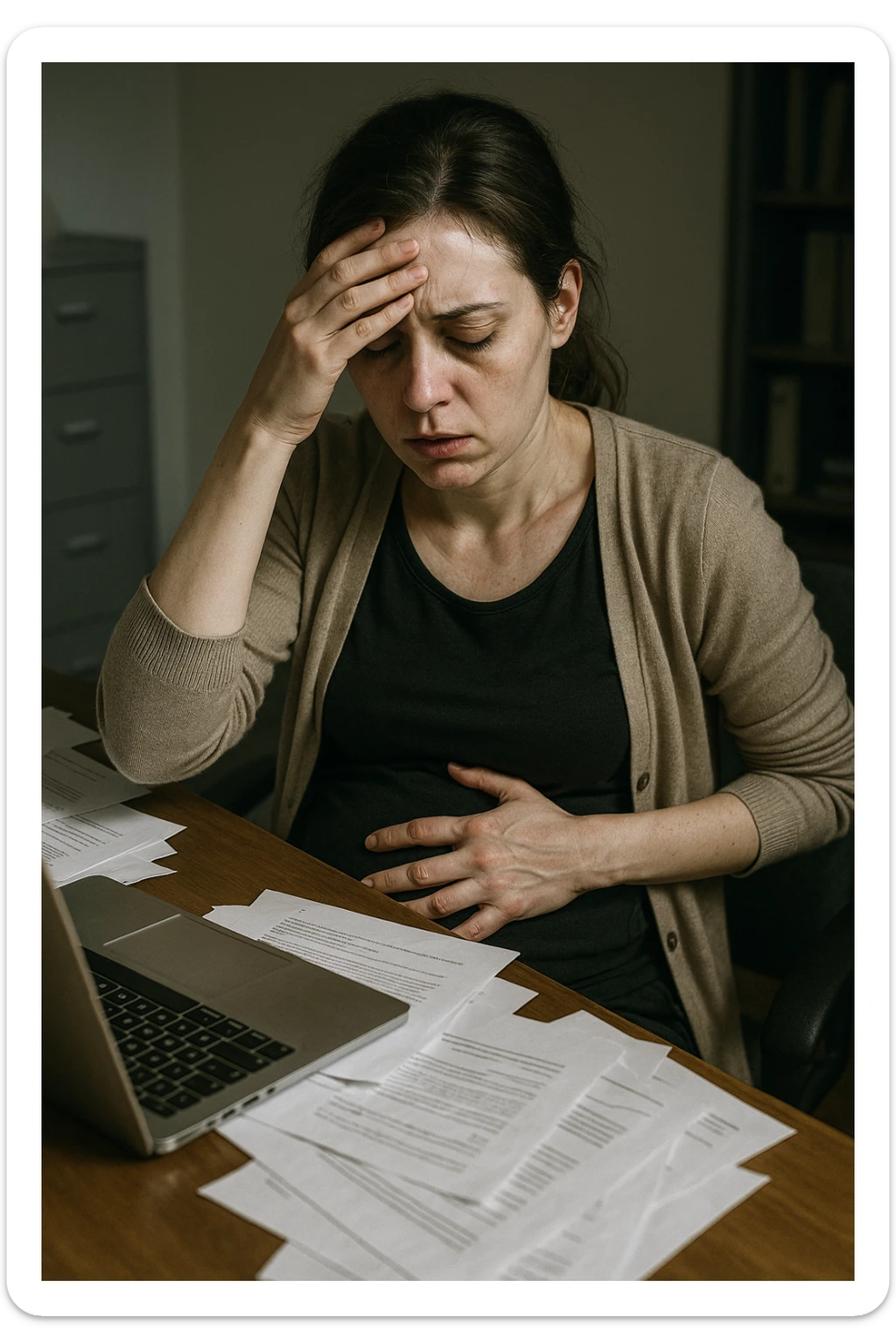 Empathetic photorealistic shot of a woman at her desk, overwhelmed by work. One hand is pressed against her forehead, the other grips her painful, bloated abdomen. Papers are scattered around her. The lighting is harsh and unflattering, emphasizing her pale complexion and the dark circles under her eyes. sticker