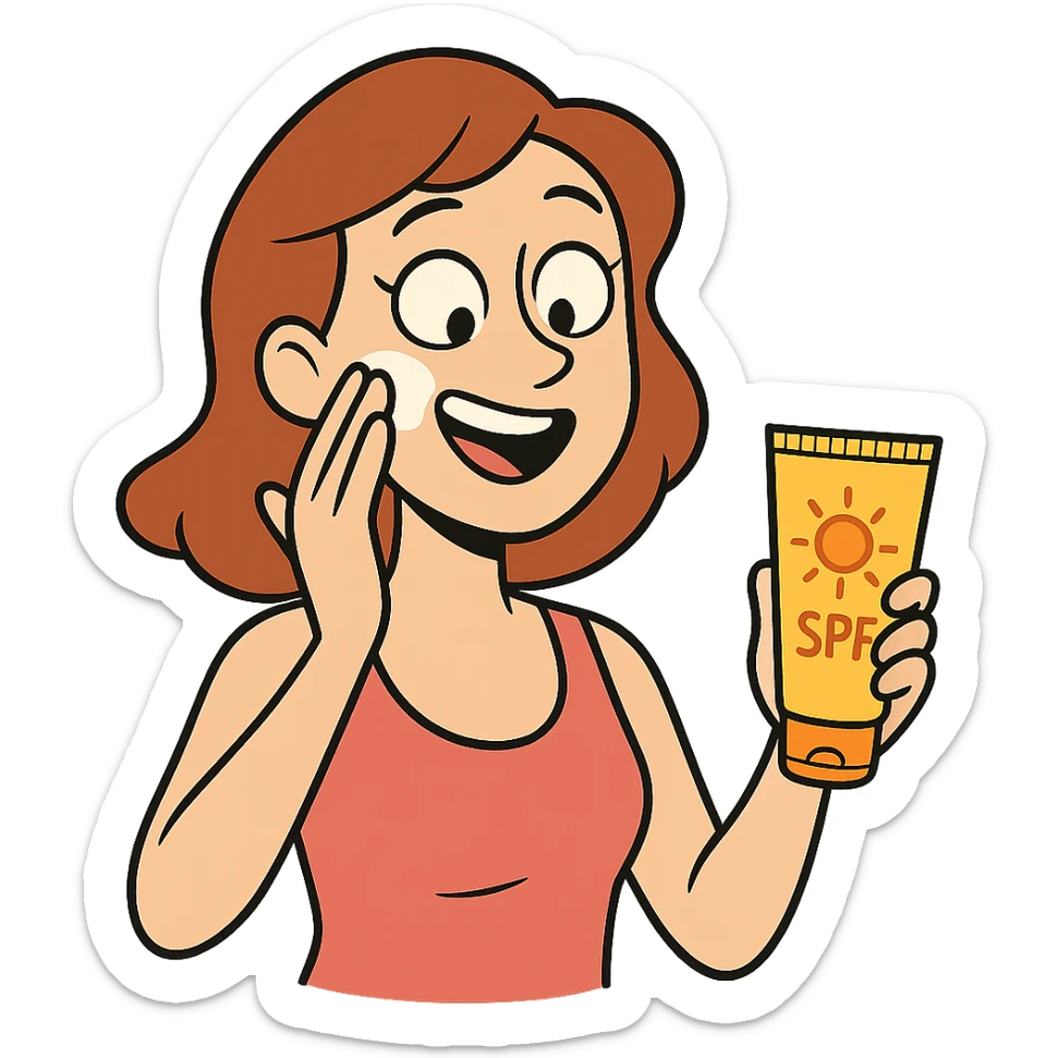 illustration of a woman smiling as she applies sunscreen to her cheek with one hand, holding a sunscreen tube in the other, bright and cheerful, no background sticker