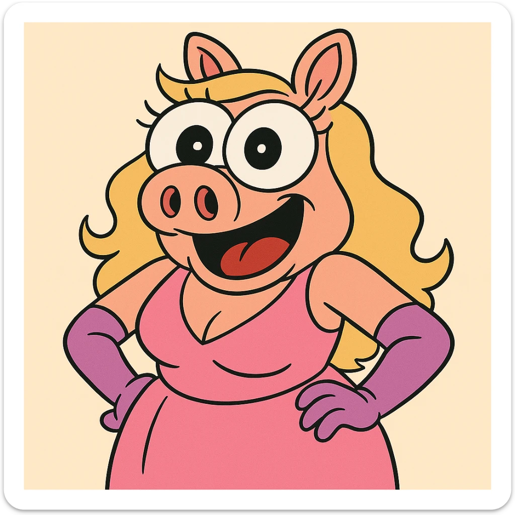 Make Miss Piggy's cross eyes even bigger in a cartoon style, wearing a pink dress, with exaggerated features. Emphasize cartoon style in the edit. sticker