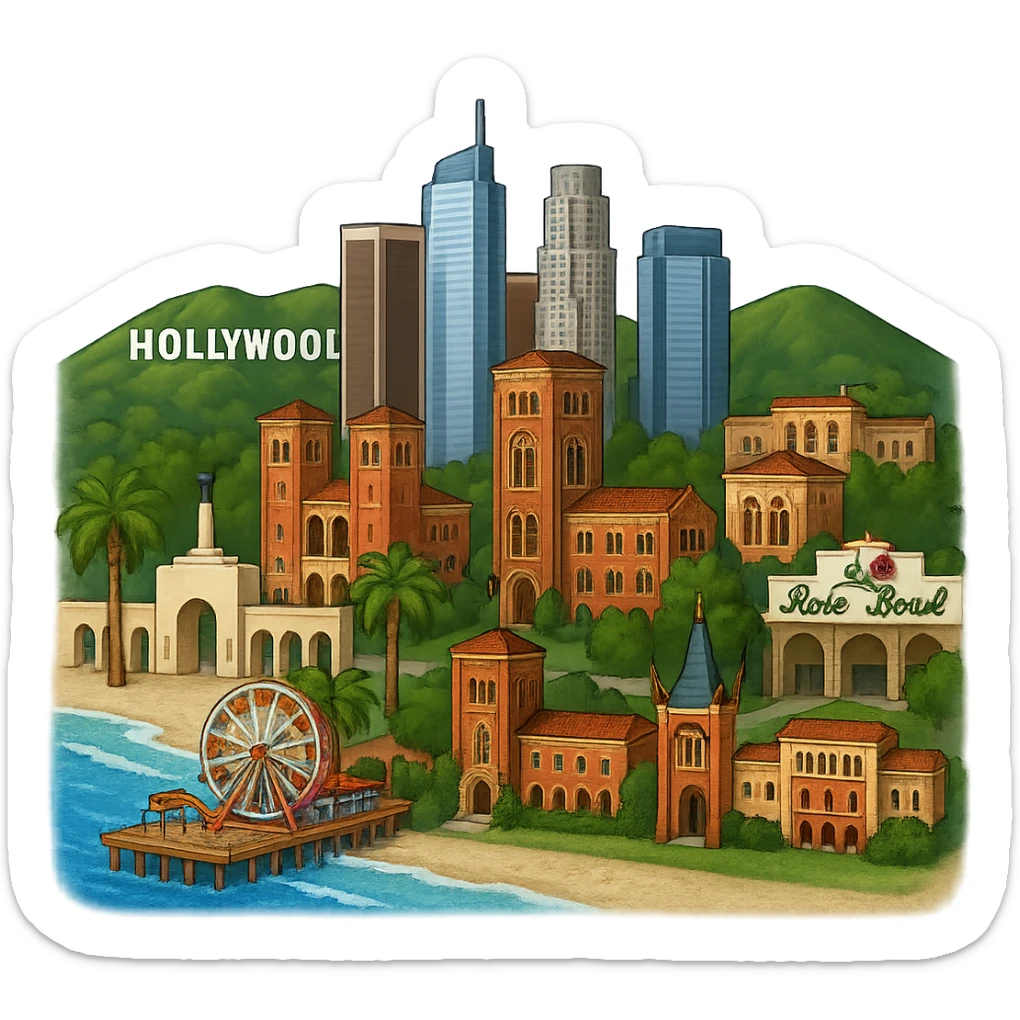 Adjust the Los Angeles emoji so that the Los Angeles Memorial Coliseum arches, Royce Hall at UCLA, Bovard Administration Building at USC, and the Rose Bowl Stadium with its neon sign are positioned more inland, away from the beach. Keep the Santa Monica Pier and beach at the coast, and maintain the iconic downtown LA skyline, Chinese Theater, and Hollywood Sign. Preserve lifelike architectural detail, accurate colors, bright daytime lighting, and a fully transparent background with no sky, no clouds, and no city name label. Do not change any other aspect of the image. Maintain the style and look of the original emoji image. sticker