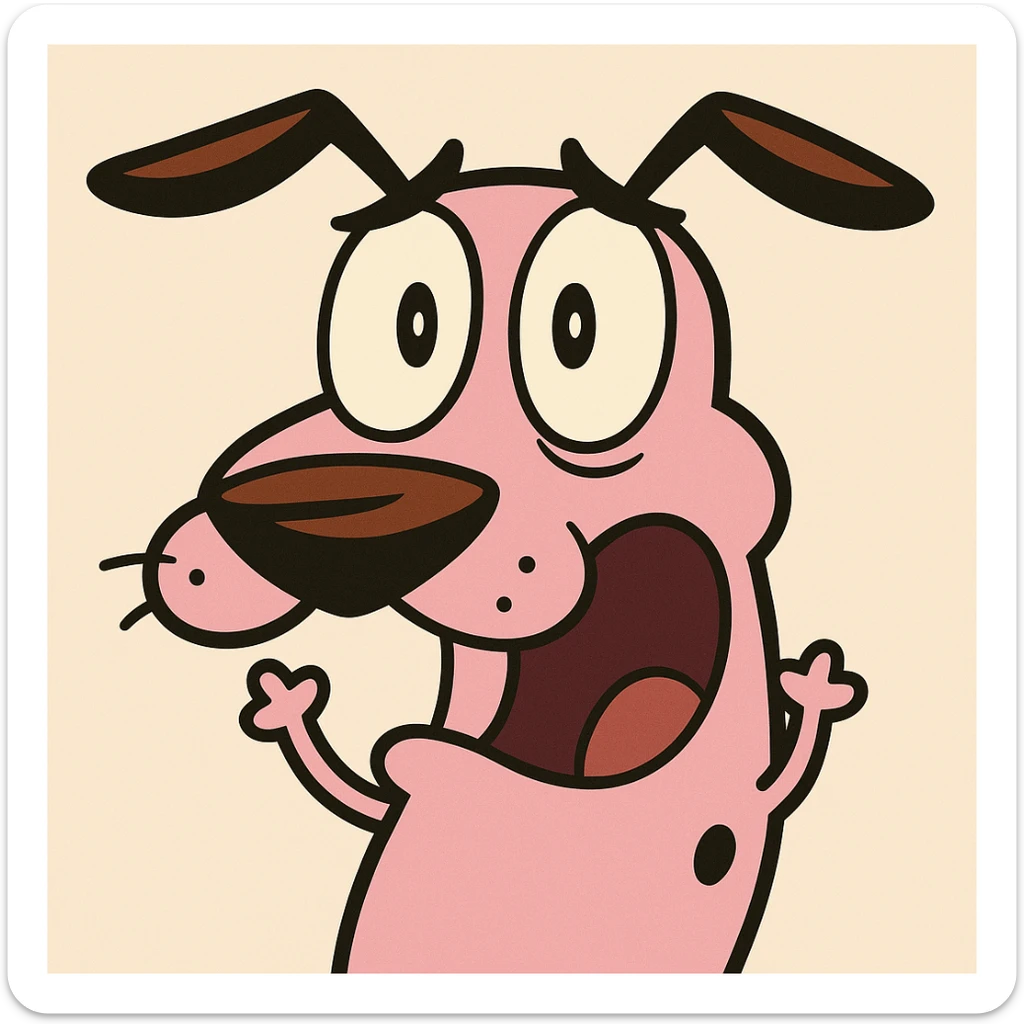 Courage the Cowardly Dog emoji, surprised expression, pink fur, floppy ears, flat toon cartoon style sticker