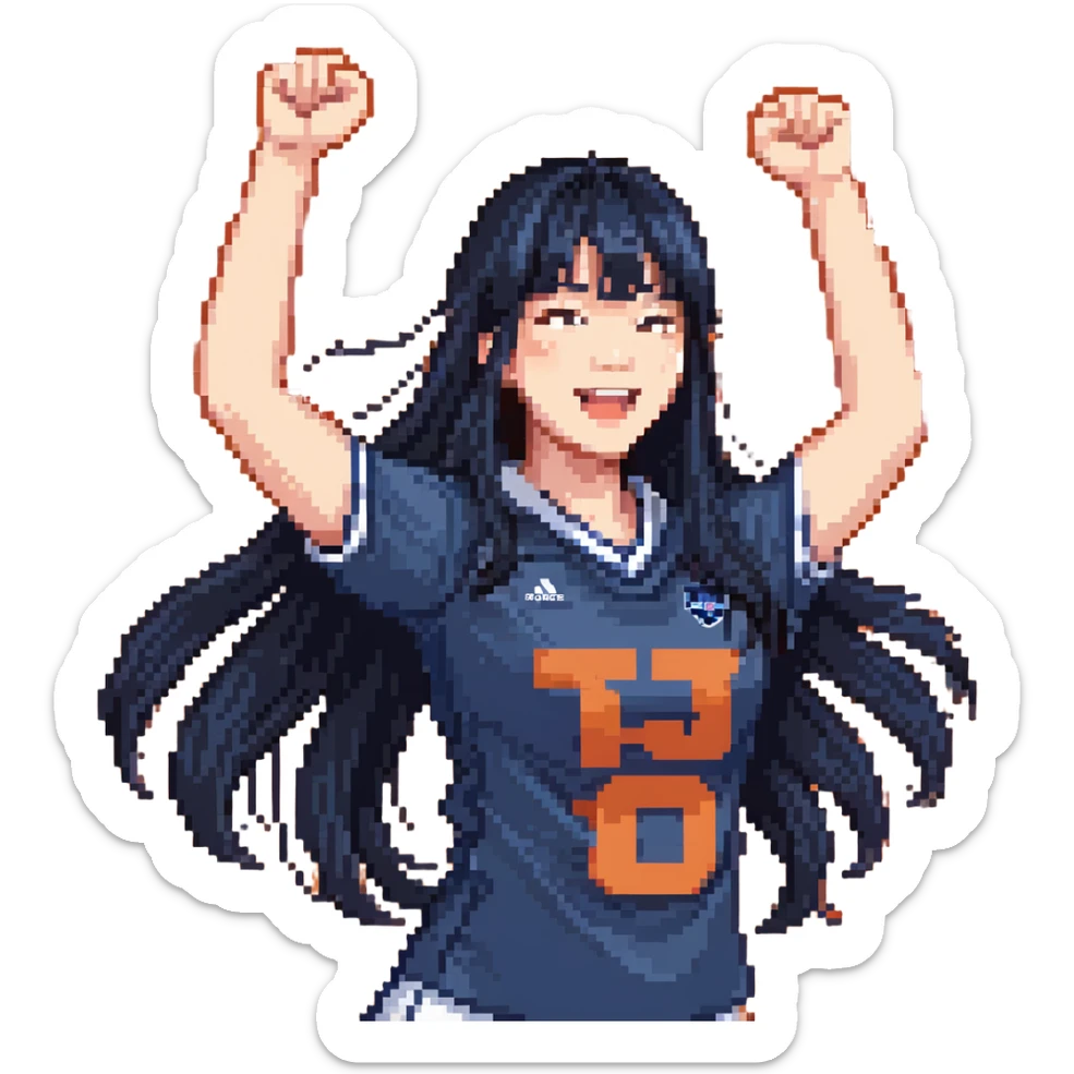 East Asian woman with long black straight hair and bangs wearing navy and white Doosan Bears team colors, cheering sticker