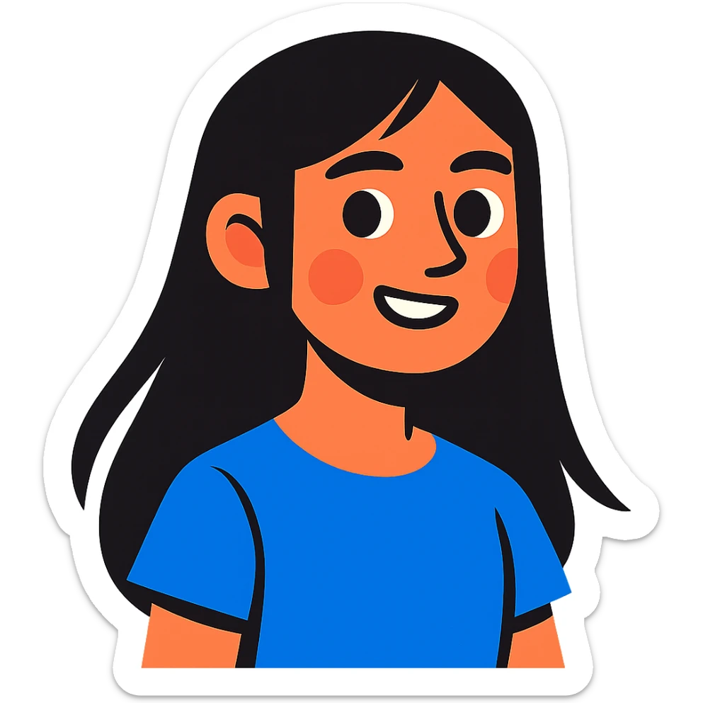 vibrant toon style teenager girl with black long hair and blue shirt sticker