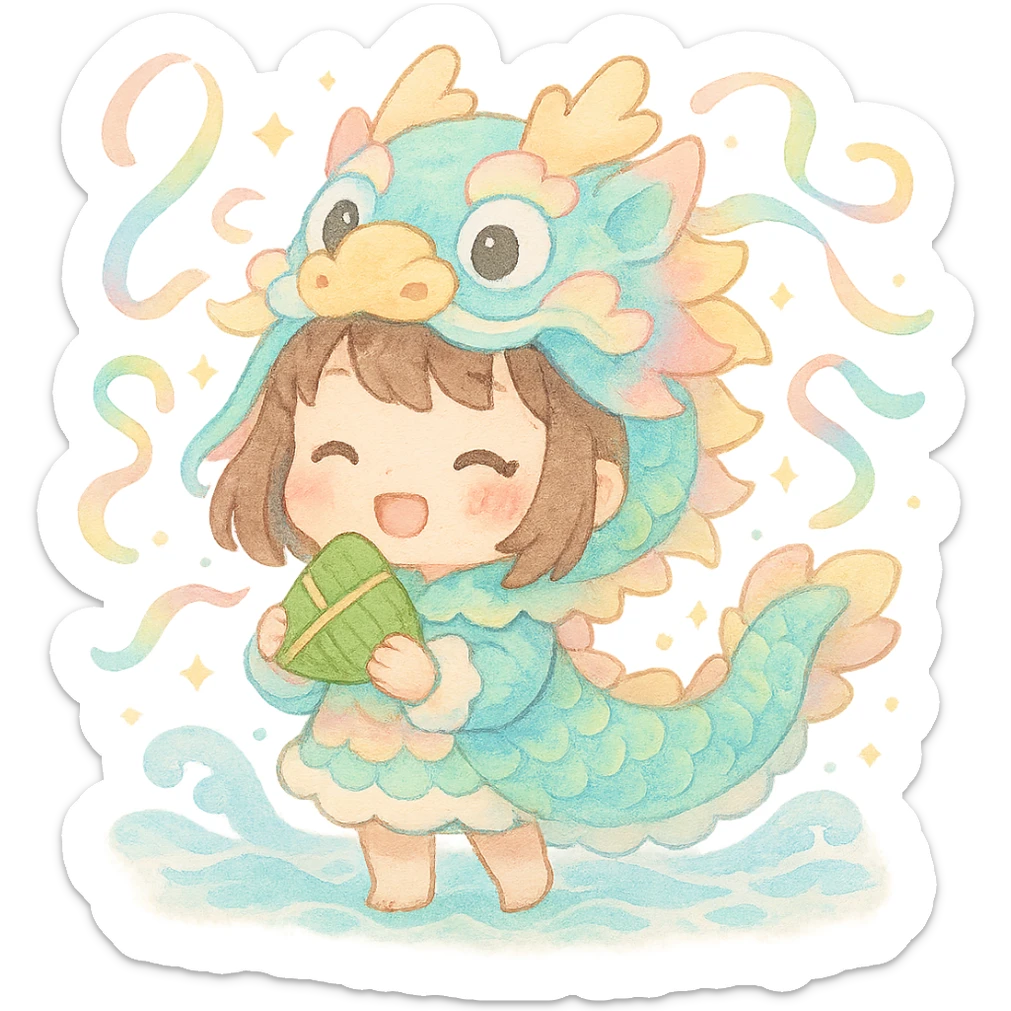 kawaii chibi girl in a pastel dragon boat costume, happily holding a rice dumpling, surrounded by floating colorful ribbons, tiny sparkles, soft waves, festive Dragon Boat Festival atmosphere, soft watercolor texture, pastel color palette, fluffy details sticker