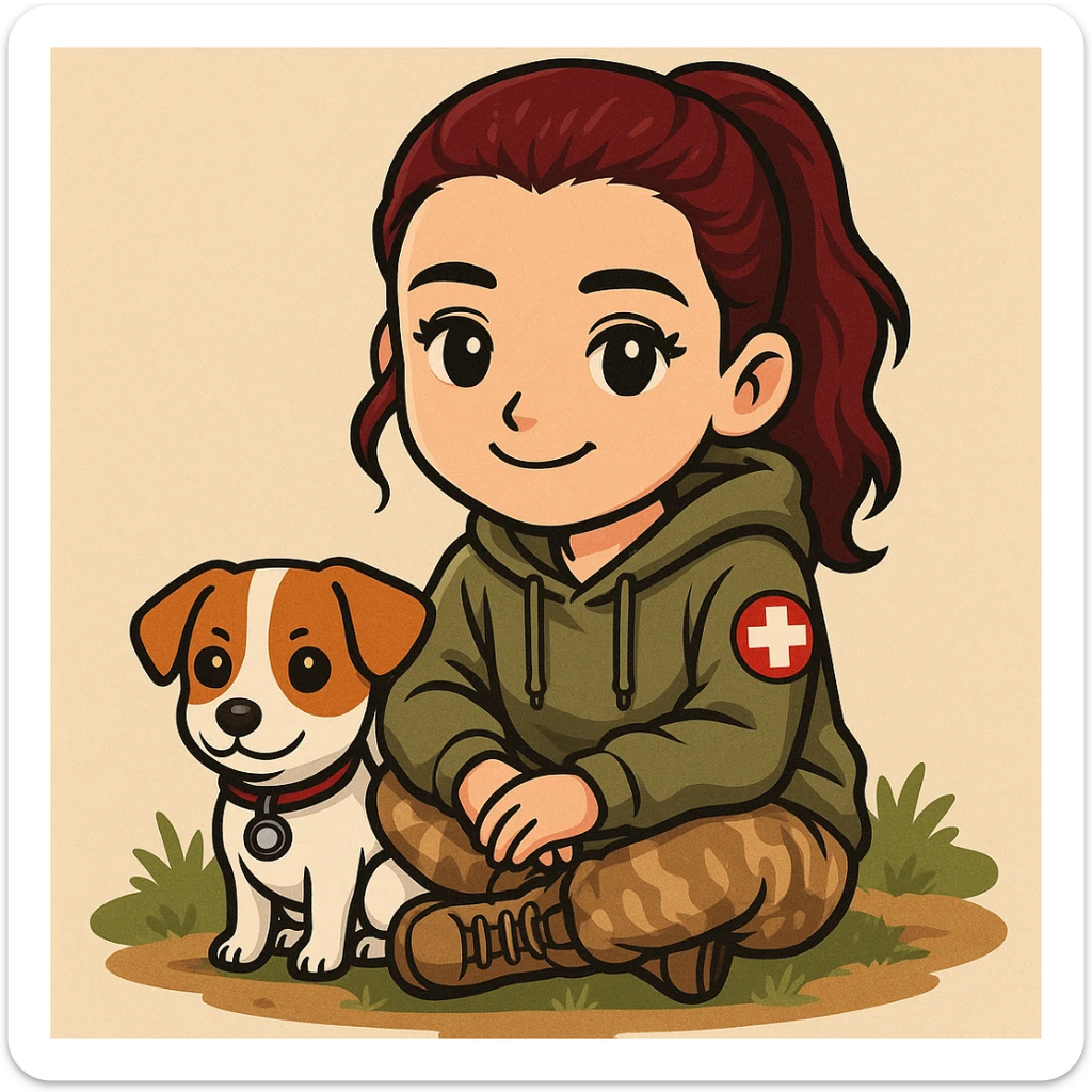 military girl, a medic with a small dog, sticker style, make the character look like her sticker
