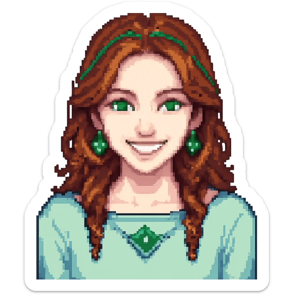 Make the woman smile in pixel art style, no background. sticker