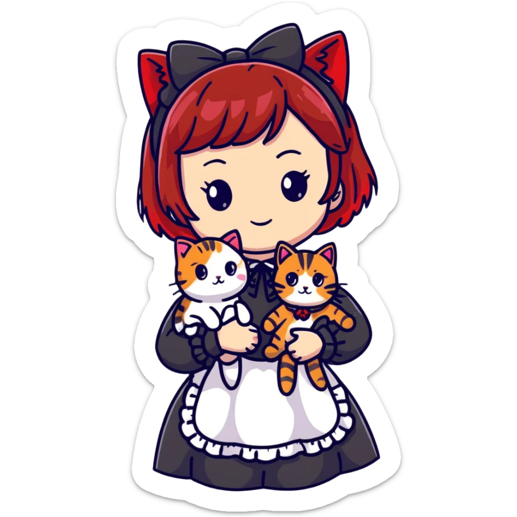 Girl with black and red-tipped hair in black Lolita dress with tabby cat sticker
