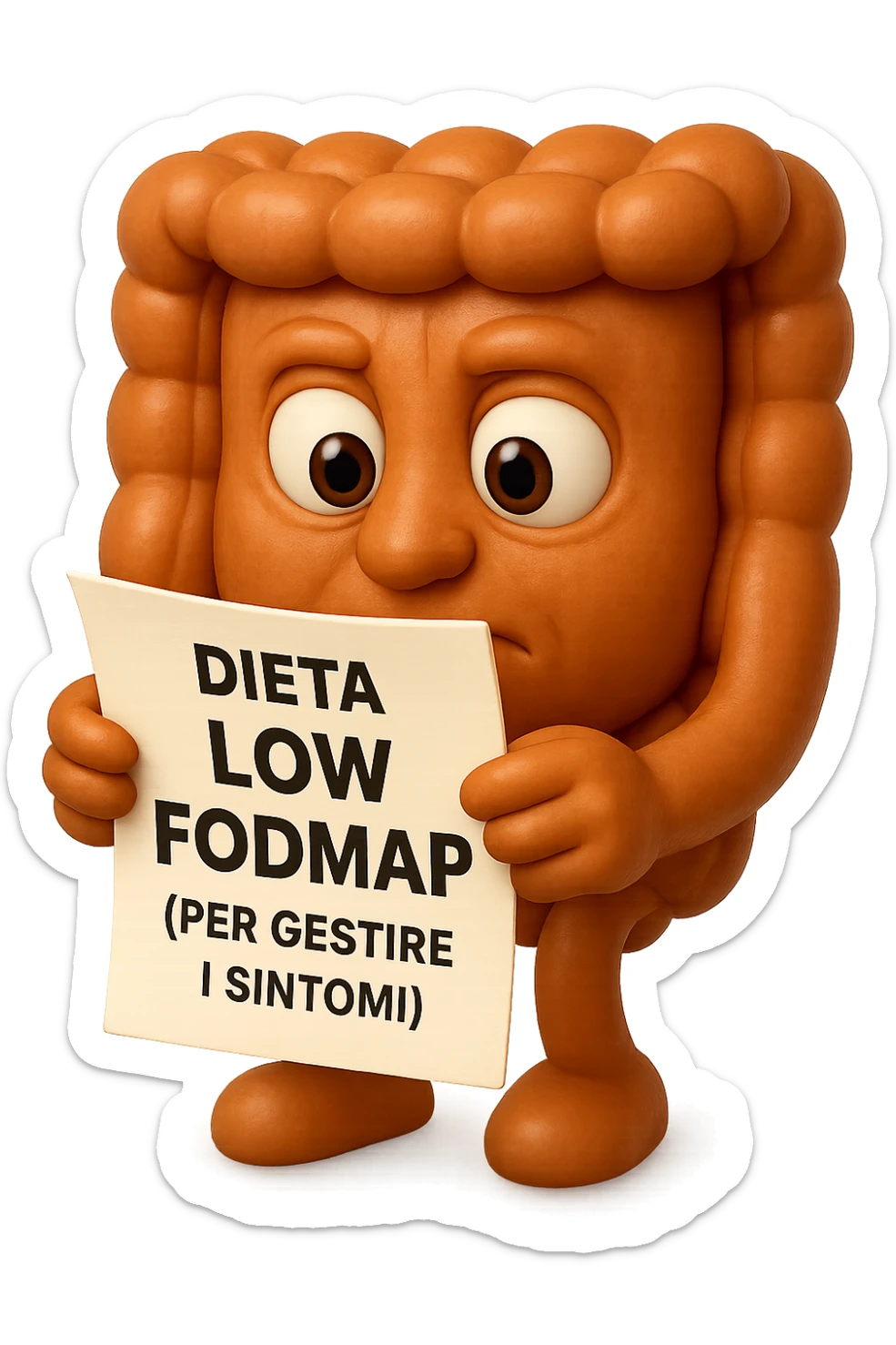 EMOJI STILE IPHONE DI UN INTESTINO UMANO ANATOMICO CHE GUARDA UN FOGLIO CON LA SCRITTA "DIETA LOW FODMAP (PER GESTIRE I SINTOMI)", FAGLI ANCHE LA PARTE BIANCA DEGLI OCCHI, NON SOLO LE PUPILLE, IPERREALISTICO 4K sticker