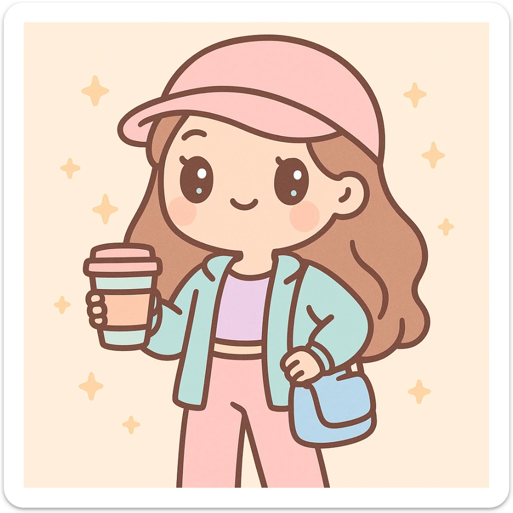 influencer girl, chic streetwear, holding a coffee cup, confident pose, pastel colors, kawaii style sticker