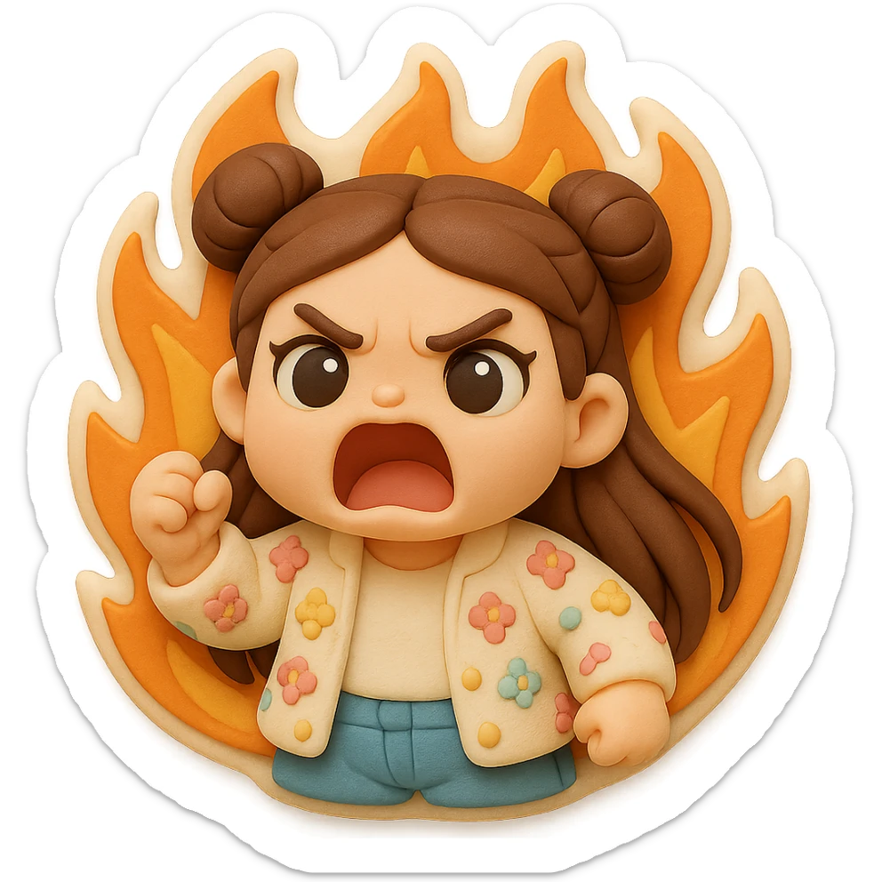 3D chibi fondant cake art style, high-quality rendering with smooth shadows and soft gradients. Girl based on reference image (preserve facial features), long brown hair in two space buns, brown eyes, jeans, pastel floral cardigan, thick white outline like a sticker, transparent background. Screaming angrily while surrounded by flames. Make sure her appearance matches previous stickers. sticker