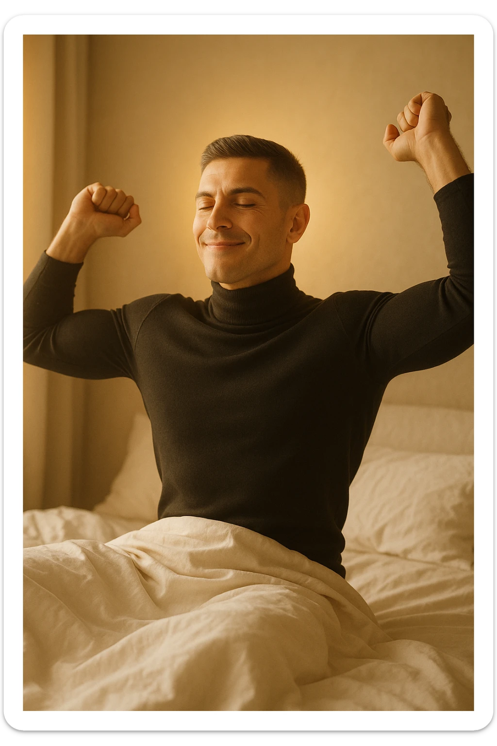 A cinematic photo of a man stretching in bed just after waking up, the morning sunlight flooding the room. His skin glows slightly, expression rested and serene. Muscles subtly defined, energy flowing through his posture. The air is filled with a golden calm. A symbolic glow surrounds his head and chest, representing mental clarity and physical recovery. The scene is clean, natural, minimalist. Rich in textures and realistic warmth. sticker
