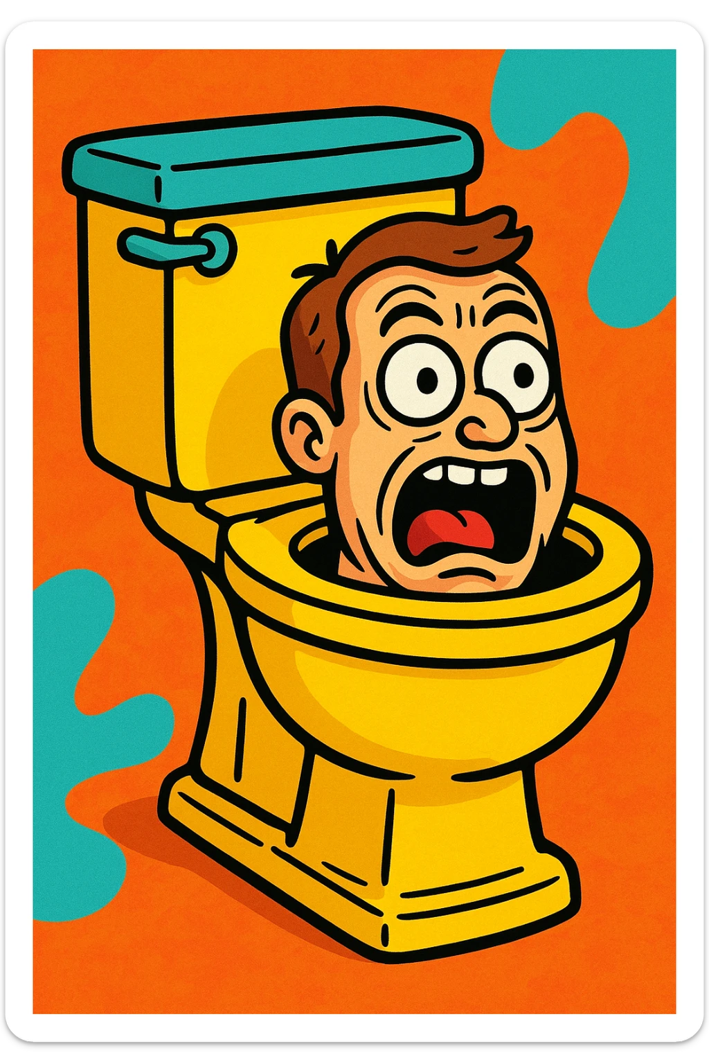 Skibidi Toilet style toilet with a human head peeking out from inside, funny expression, bright colors, cartoon style sticker