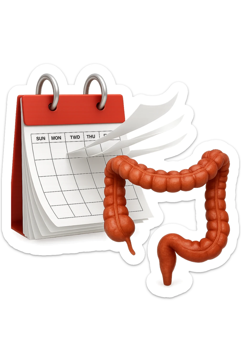 emoji stile iphone di un calendario con fogli che volano insieme a pezzi anatomici di colon umano, iperrealistico 4k, isolato su sfondo bianco sticker