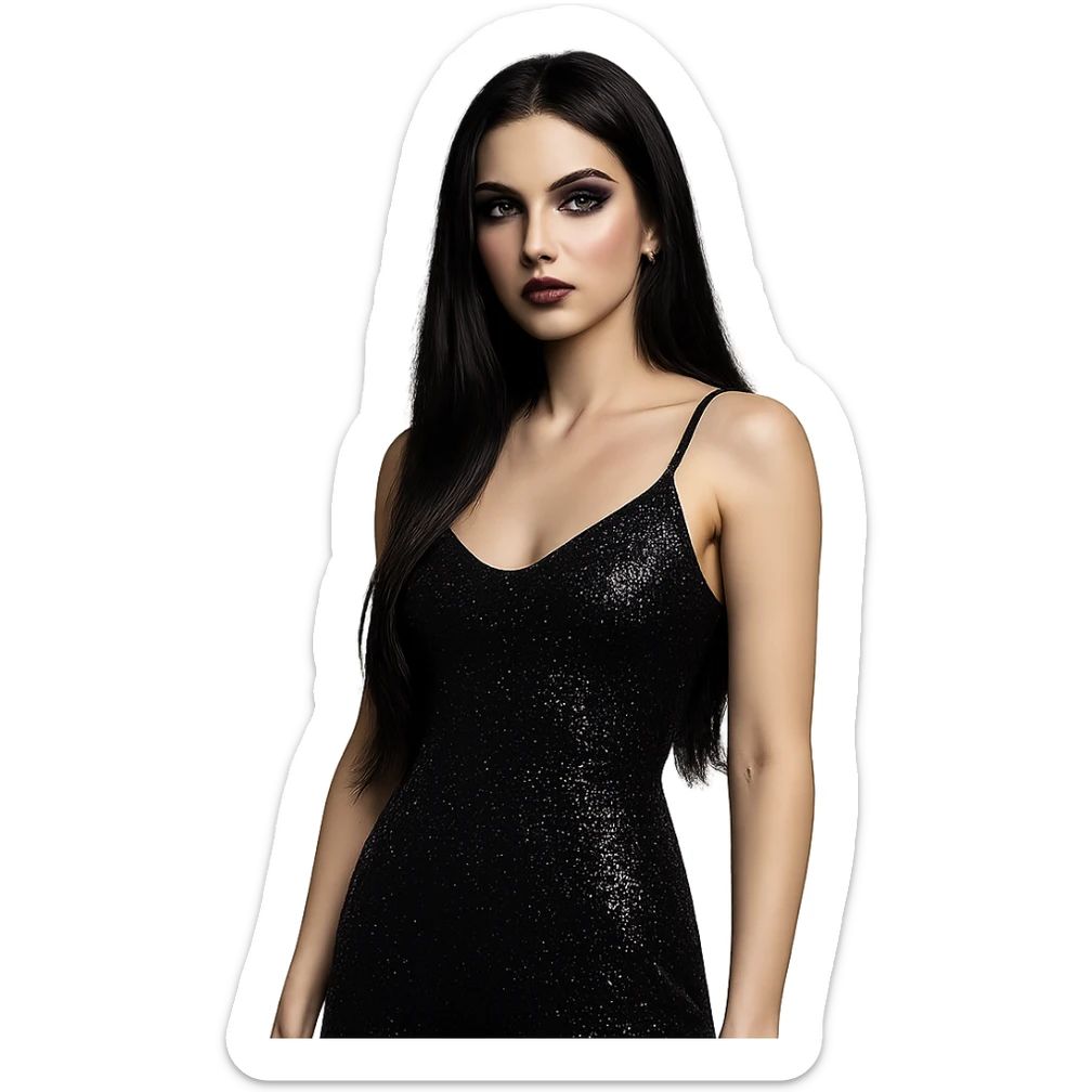 a girl with long black hair, wearing a shiny glittery black night dress, purple makeup, dark red lipstick, edgy vibe, confident and mysterious sticker