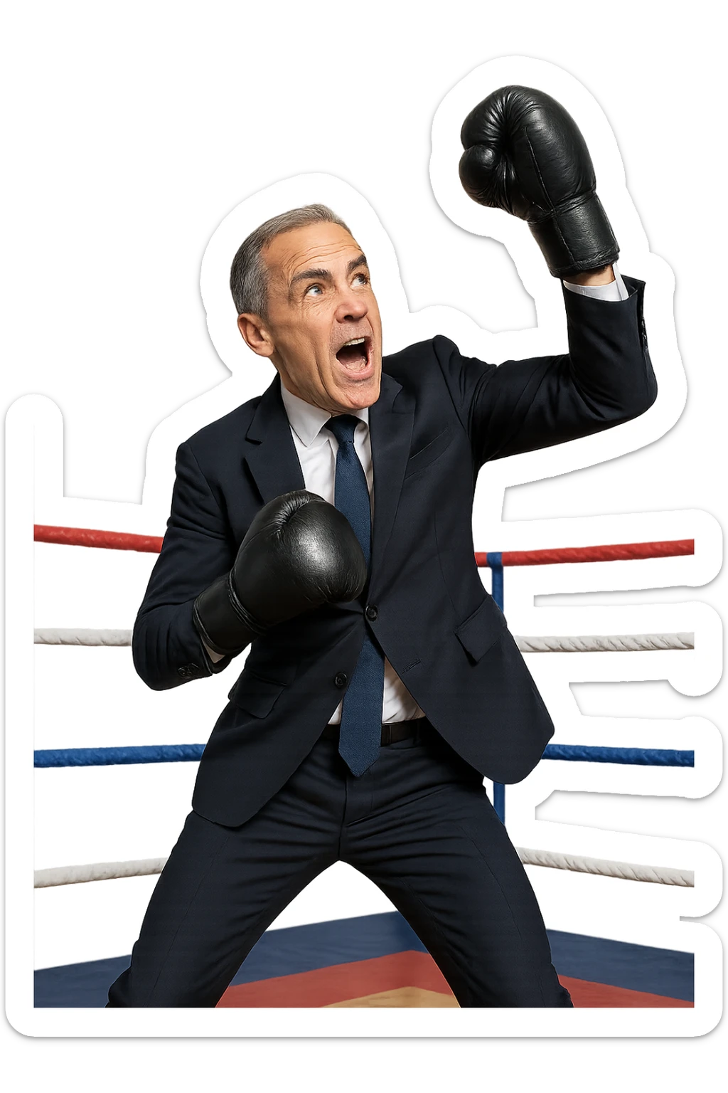 Mark Carney, former Bank of England governor, performing a classic boxing uppercut, energetic pose, gloves up, in a boxing ring, expressive face, business attire with boxing gloves, dynamic action, clear background sticker