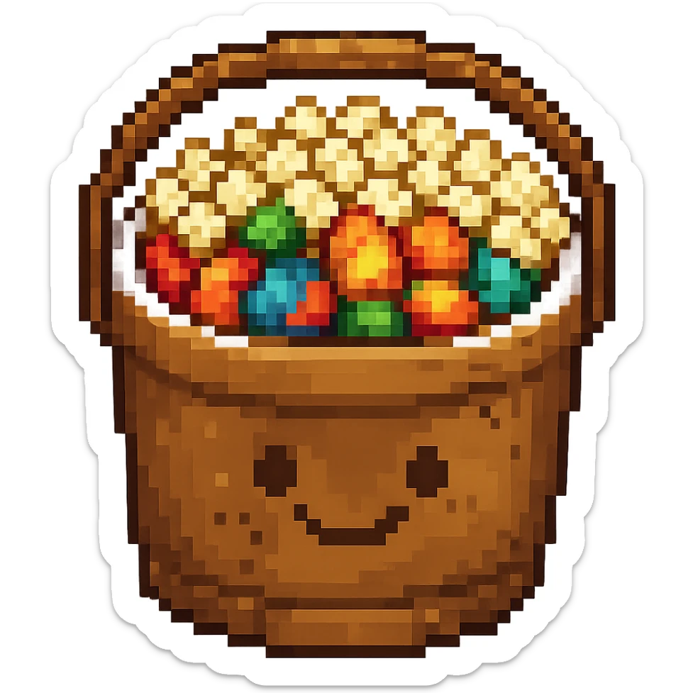Add popcorn to the snacks bucket emoji in pixel art style with no background, maintaining the pixel art style look and feel. sticker