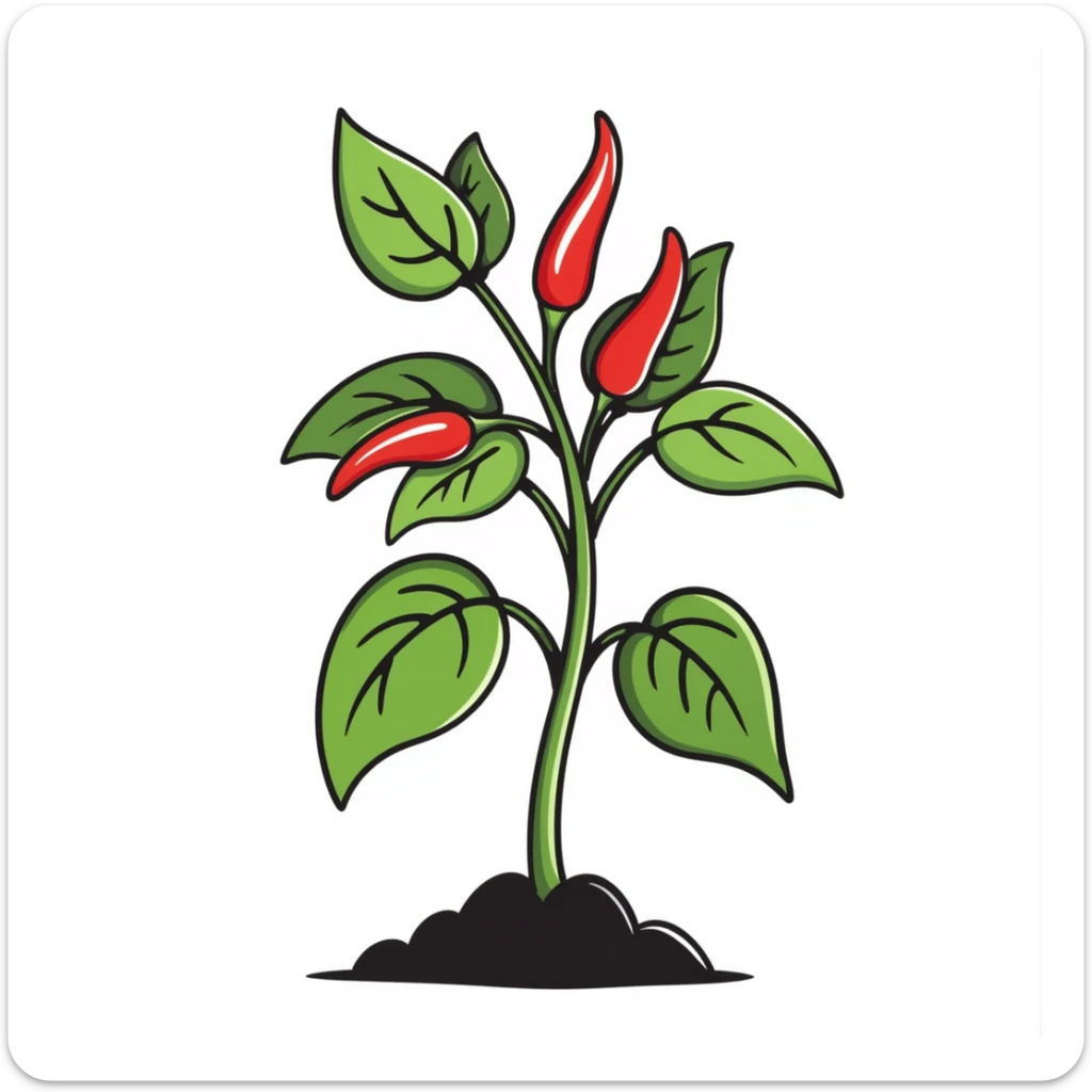 Hand drawn pepper plant with green leaves and red chili peppers sticker