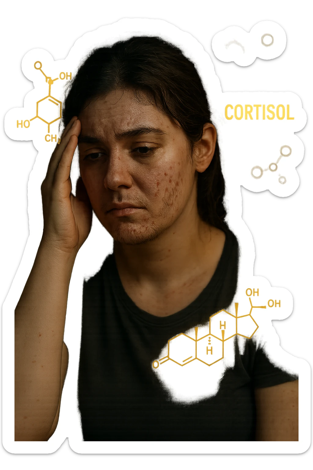 realistic and cinematic image of a woman with PCOS and elevated cortisol, showing stress, insomnia, tiredness, acne, hirsutism, visual elements representing cortisol hormone, no background, 2:3 aspect ratio sticker
