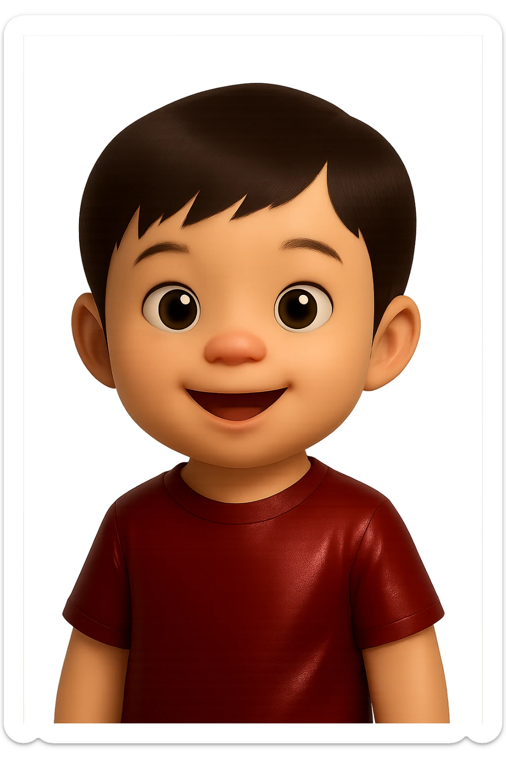 Edit the cute Asian baby boy emoji by changing the shirt to dark red while keeping the rest unchanged. Use a soft glossy texture and make it about 80% realistic. No background. sticker