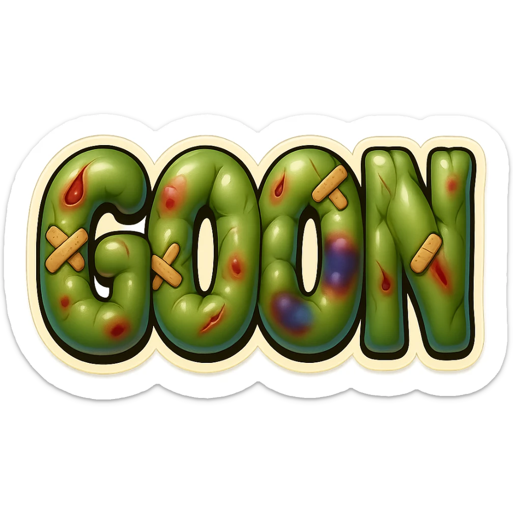 The word GOON with amorphous, glossy, blobby muscle shapes under the skin, featuring criss-crossed bandages, red and blue bruises, and dramatic cartoon wounds. Retro sticker style, no background. sticker